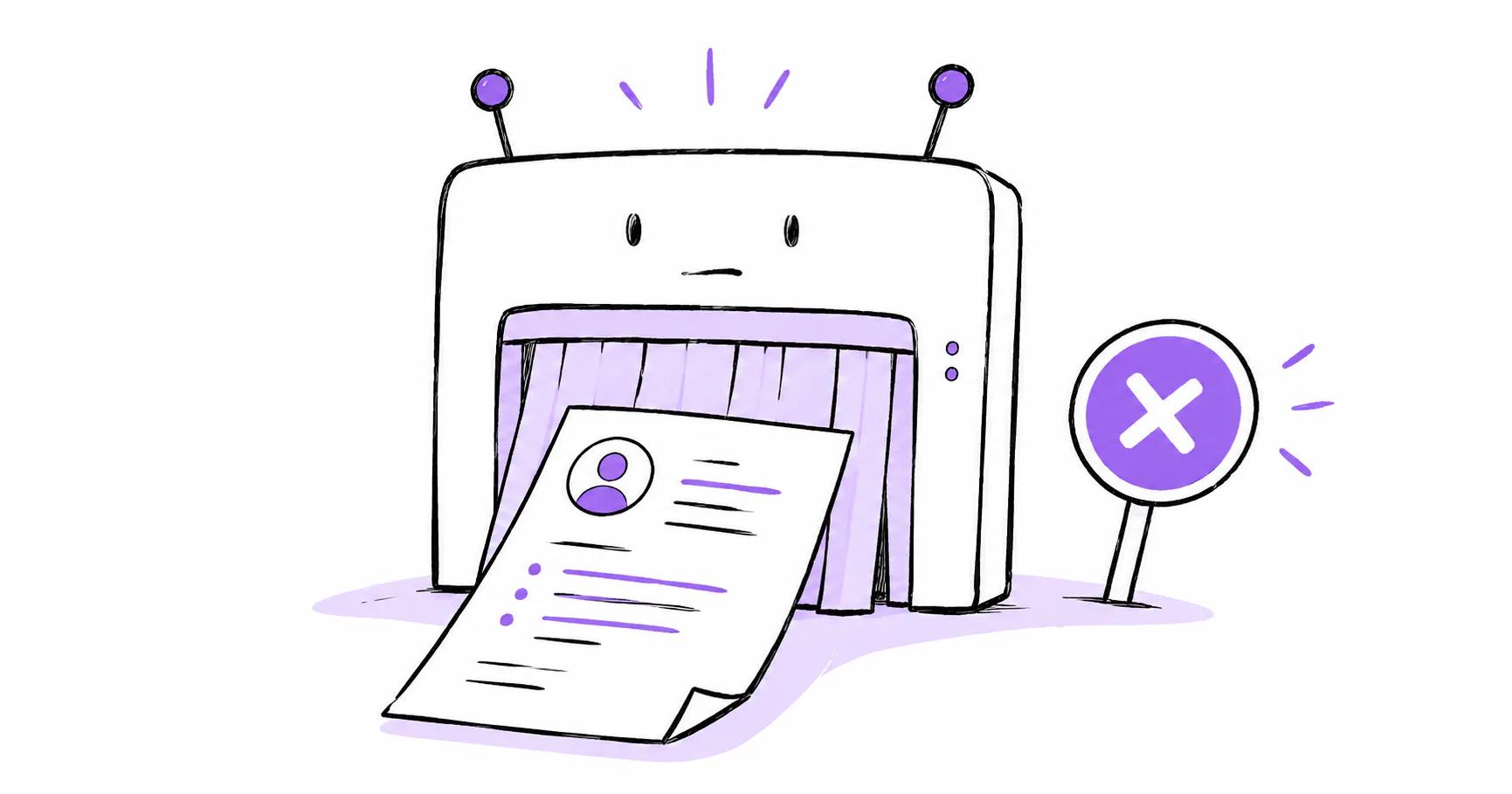 Hand-drawn ATS scanner rejecting a resume, illustrating common reasons resumes fail applicant tracking systems.