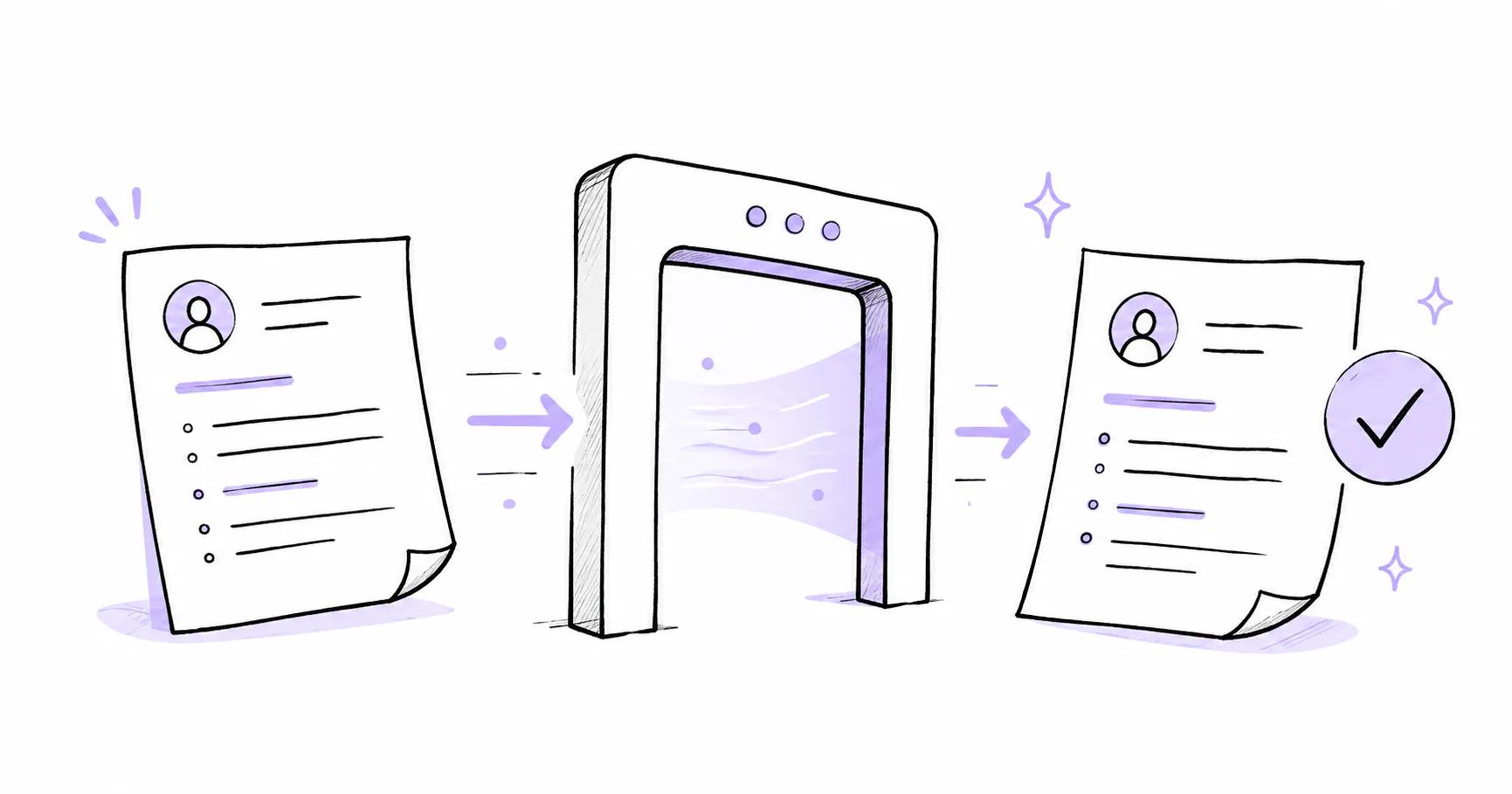 ATS resume screening illustration showing a CV passing through an automated filter and emerging approved and optimized for applicant tracking systems.