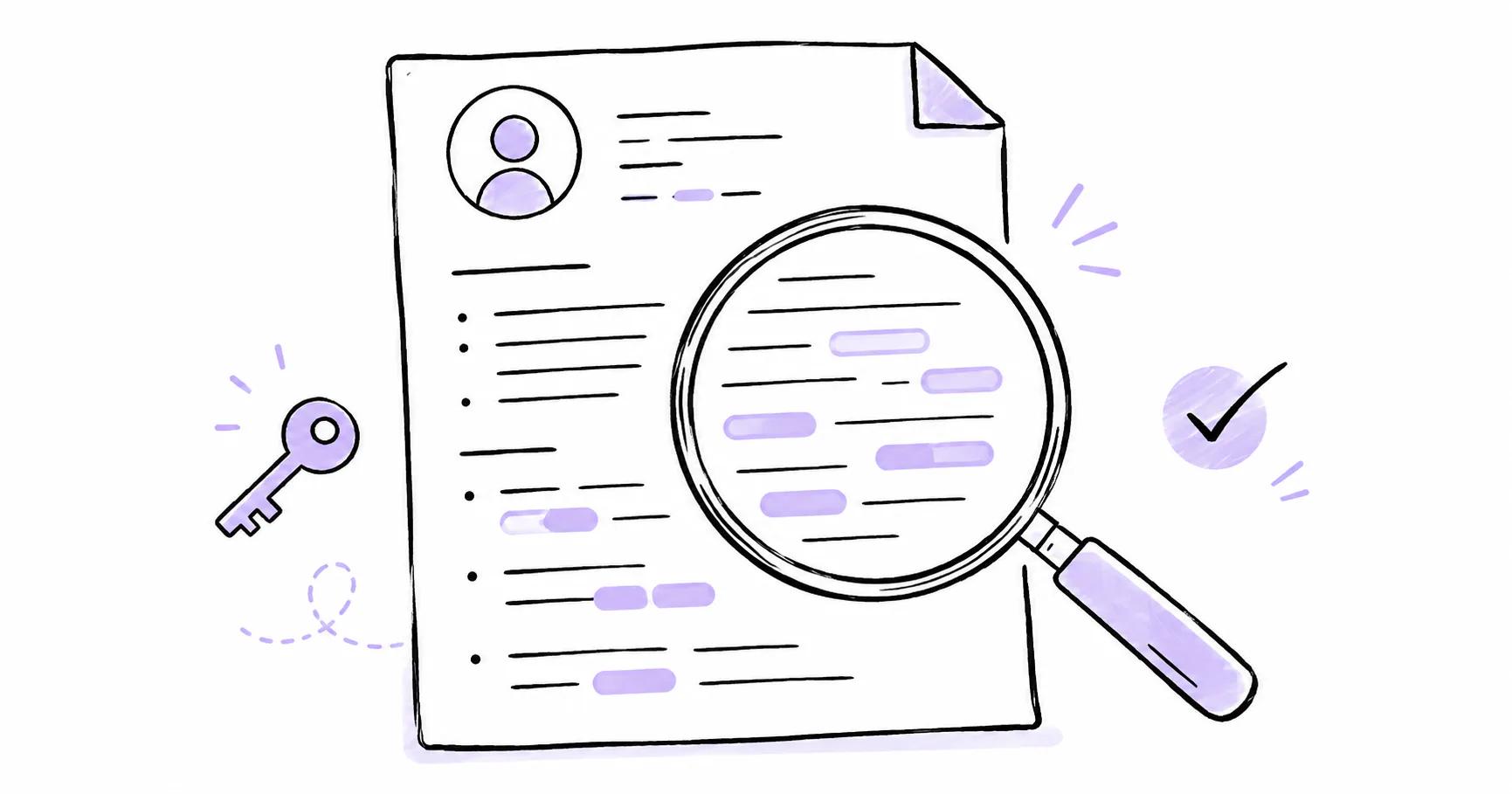 Hand-drawn illustration of ATS resume keywords being matched with terms from a job description